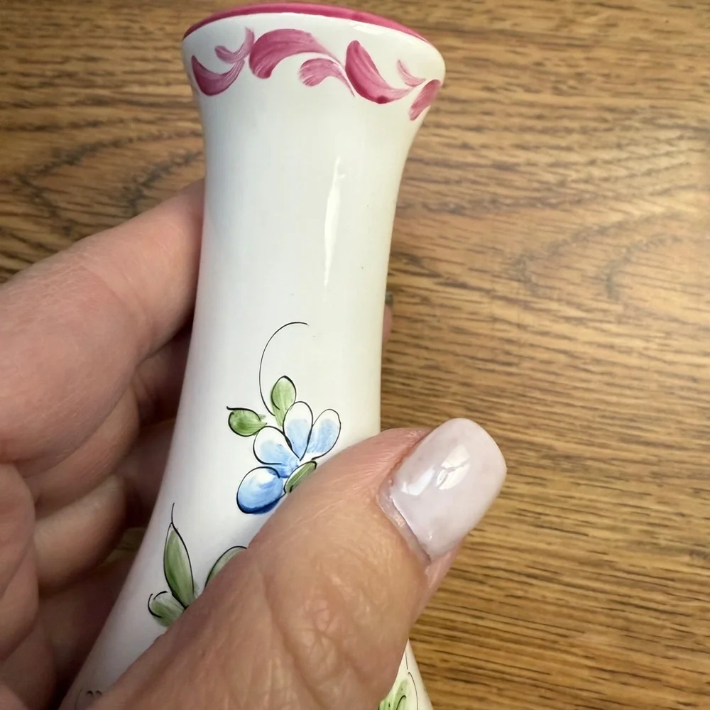 Signed Floral Ceramic Vase with Pink and Blue Accents